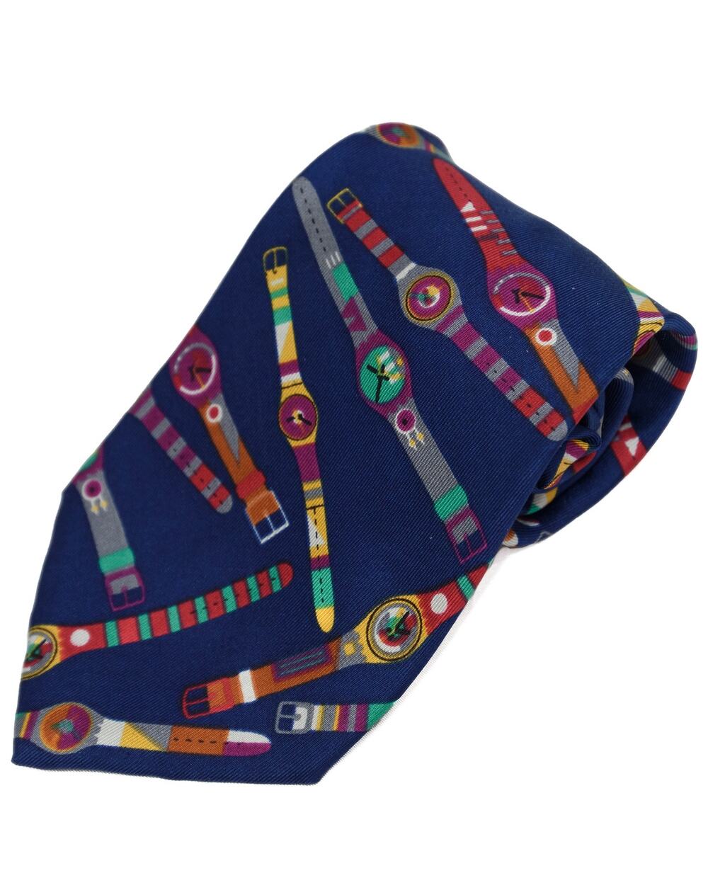 Vintage John Henry Blue Watch Print 100% Silk Necktie Tie